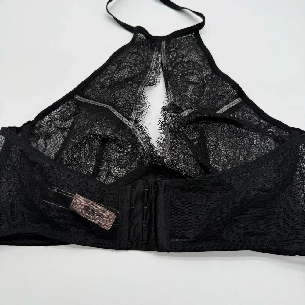 Victoria's Secret Sexy Black Floral Silver Lace Halter Bralette NWT Sz XL - Picture 12 of 16